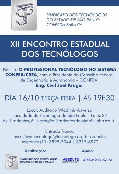 XII Encontro Estadual dos Tecnólogo será realizado em 16 de outubro. Inscrições são gratuitas