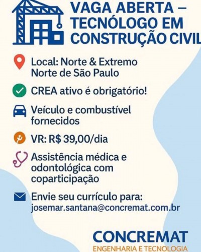 Vaga aberta – Tecnólogo em Construção Civil