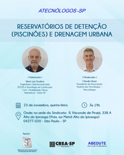 Com apoio do Sindicato, Atecnólogos fará palestra sobre Reservatórios de Detenção e Drenagem Urbana