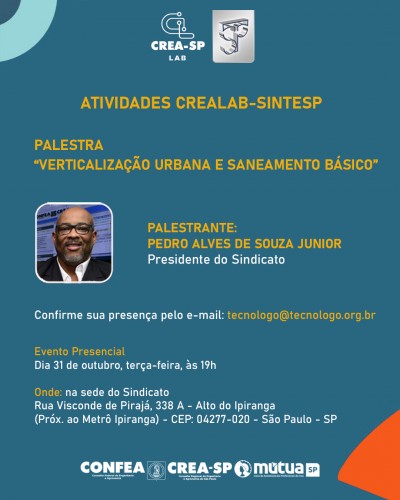 CREALAB - SINTESP: palestra abordará verticalização urbana e saneamento, nesta terça (31). Participe