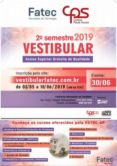 Vestibular Fatec-SP: inscrições para o segundo semestre estão abertas até 10 de junho