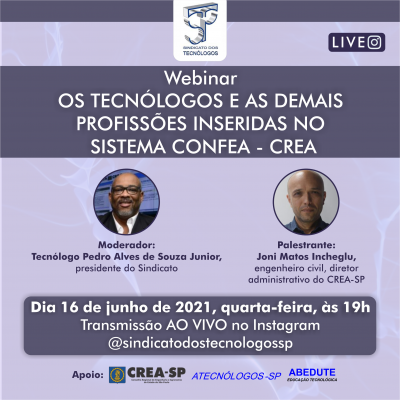 Sindicato promoverá webinar sobre os Tecnólogos e as profissões inseridas no Sistema Confea-CREA