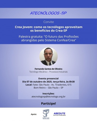 Convite: palestra gratuita sobre o futuro das profissões do Sistema Confea/Crea, dia 7 de outubro