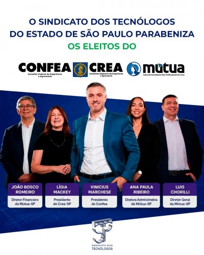 Sindicato parabeniza eleitos do Sistema Confea/Crea e Mútua para o mandato 2027-29.